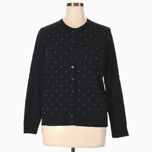 Karen Scott Cardigan Sweater Size XL Black Tan Polka Dots Button Front Modest